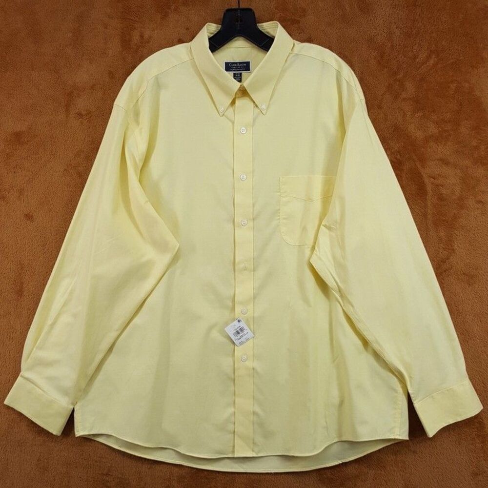 CLUB ROOM Dress Shirt Mens Size 17.5 34 35 Solid Yellow Regular Fit Pocket